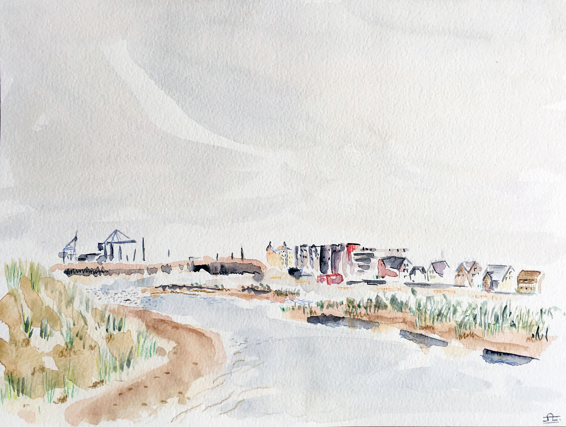 aquarelle of harbor town zeebrugge in belgium-(c)an vanderhoydonck