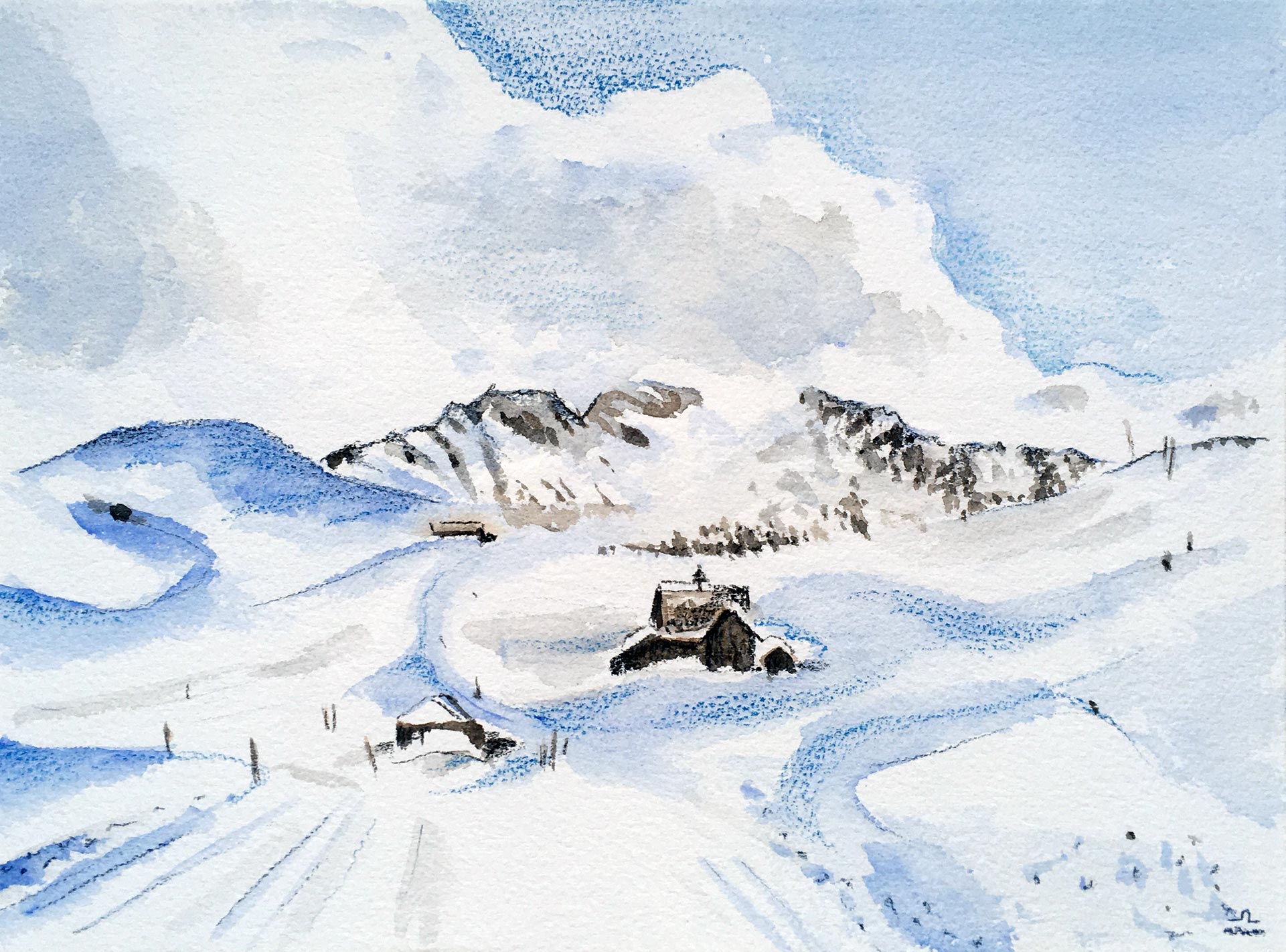 aquarelle of a snow landscape-(c)an vanderhoydonck