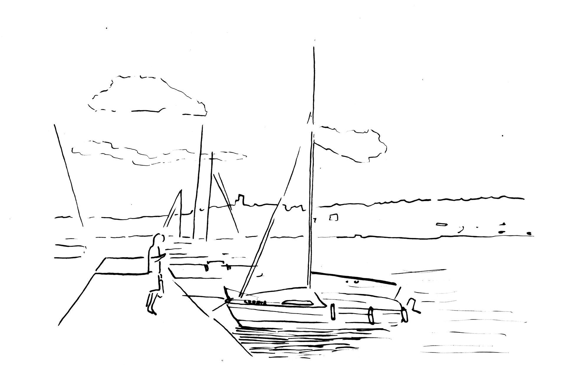 sketch of a pier with a small sailing boat-(c)an vanderhoydonck