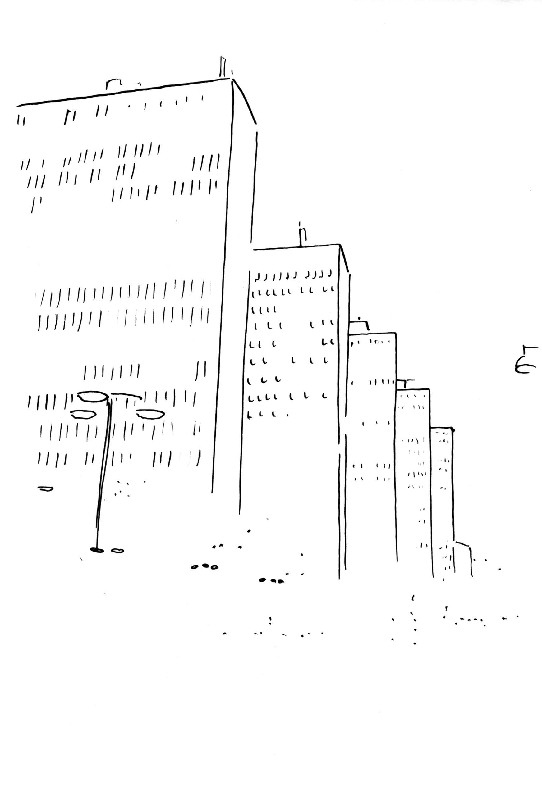 sketch of five office buildings and a street lamp-(c)an vanderhoydonck